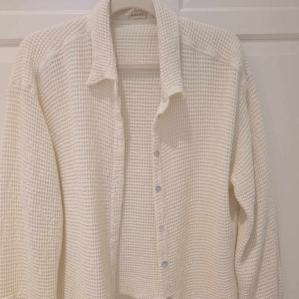 DONNI  Waffle Knit Button-Up Top